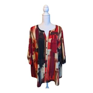Catherines Painted Blouse Petite 2X Women's Plus Red Button Shirt